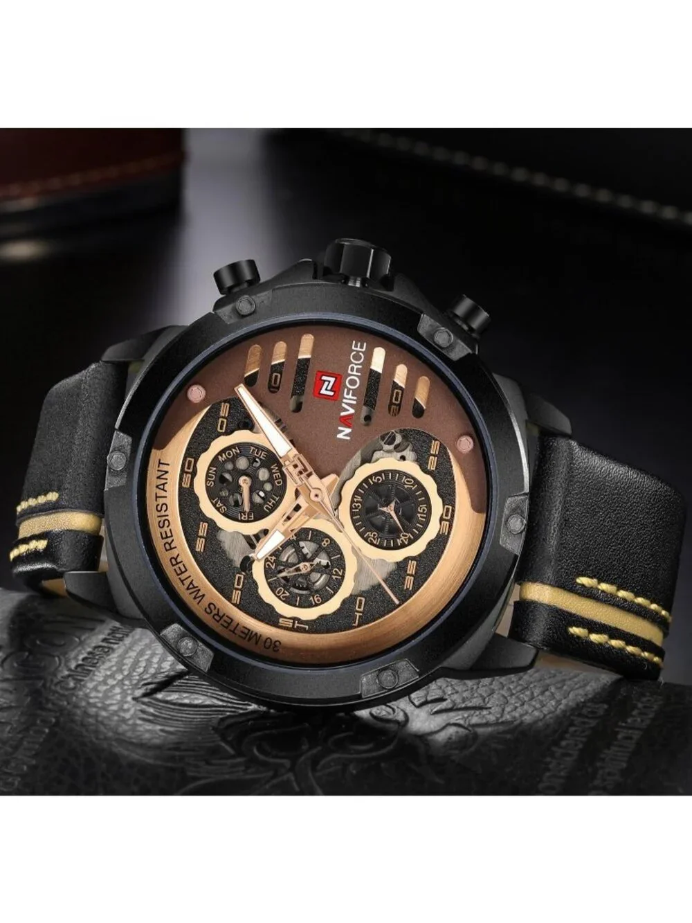 Men's Black Rose Gold Analog Quartz Leather Band Waterproof Military Wrist Watch